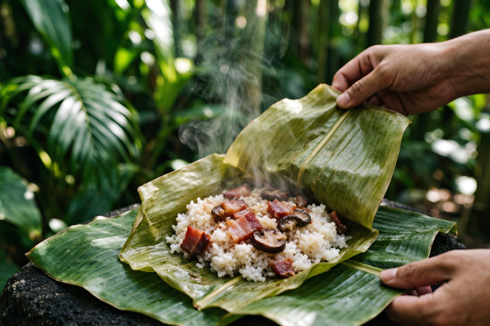 Steaming bamboo tube rice split open on banana leaf, with cured pork and mushrooms