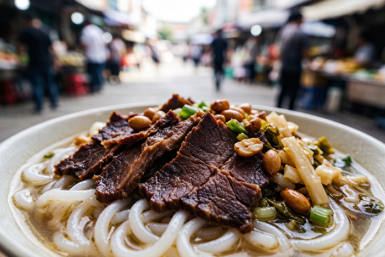 A bowl of thick round rice noodles under clear broth, crowned with sliced braised beef, peanuts and pickled greens