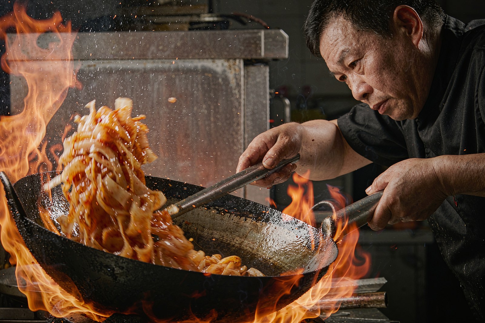 A cook tossing rice noodles in a smoking wok over a high flame
