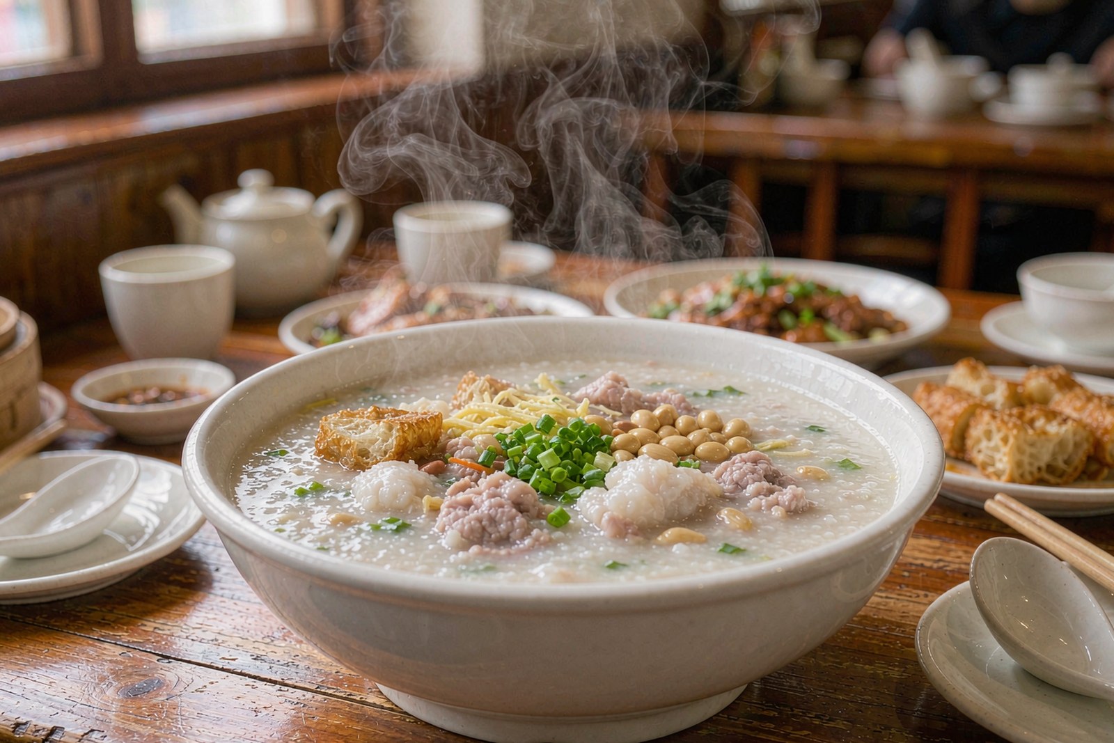 A bowl of Cantonese boat congee with fish and peanuts