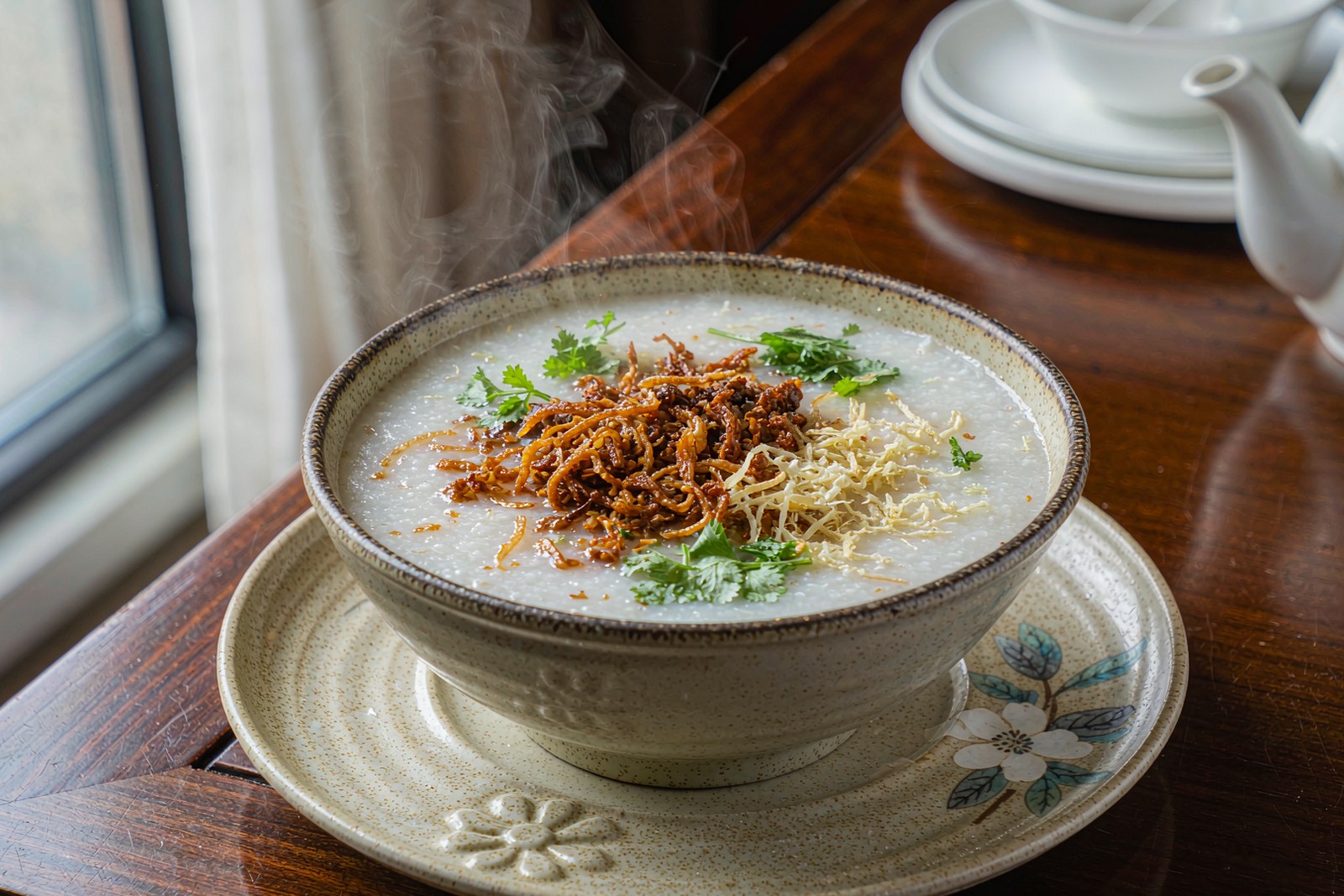 Steaming congee with crispy noodles and pork
