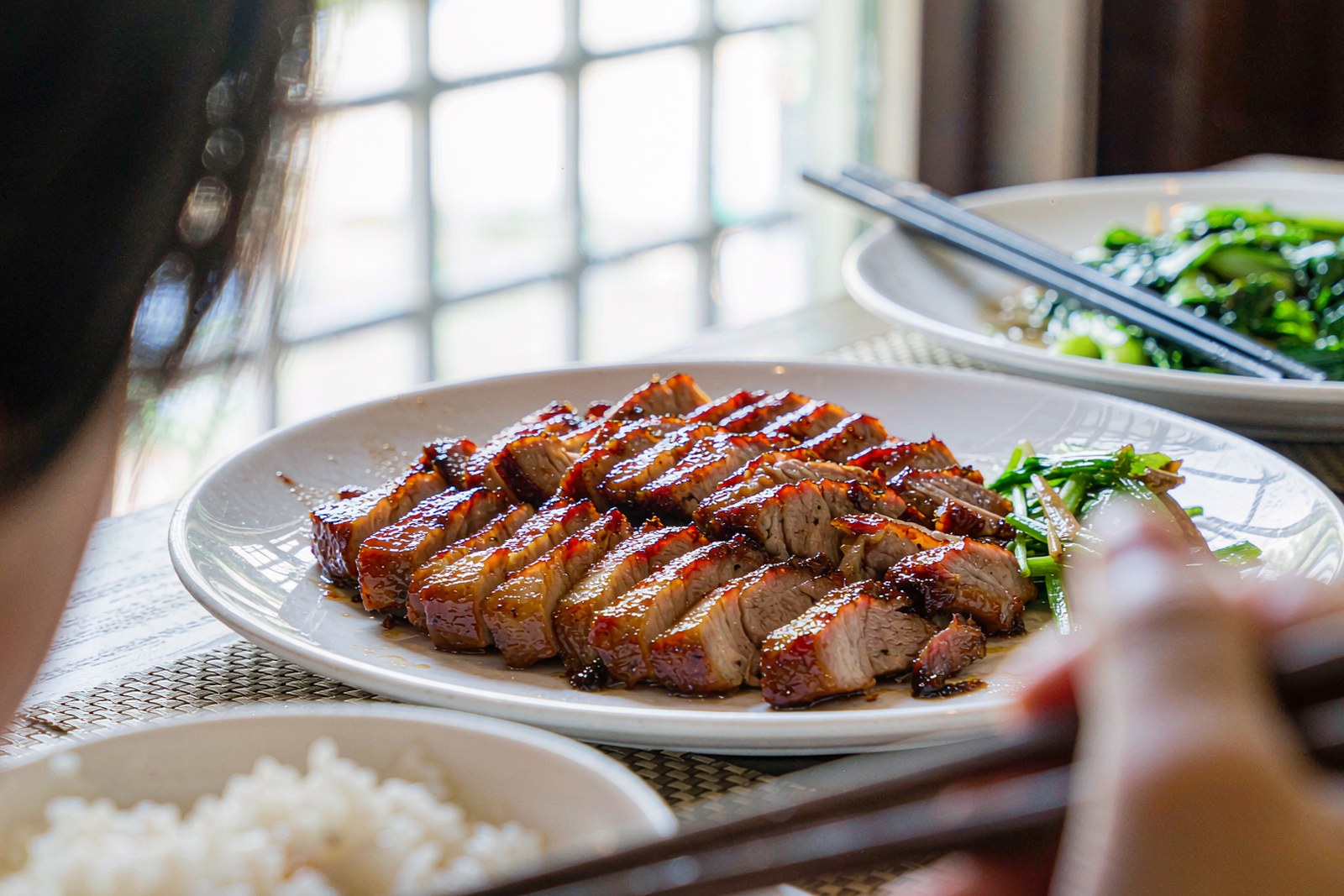 Glazed char siu pork sliced with rice