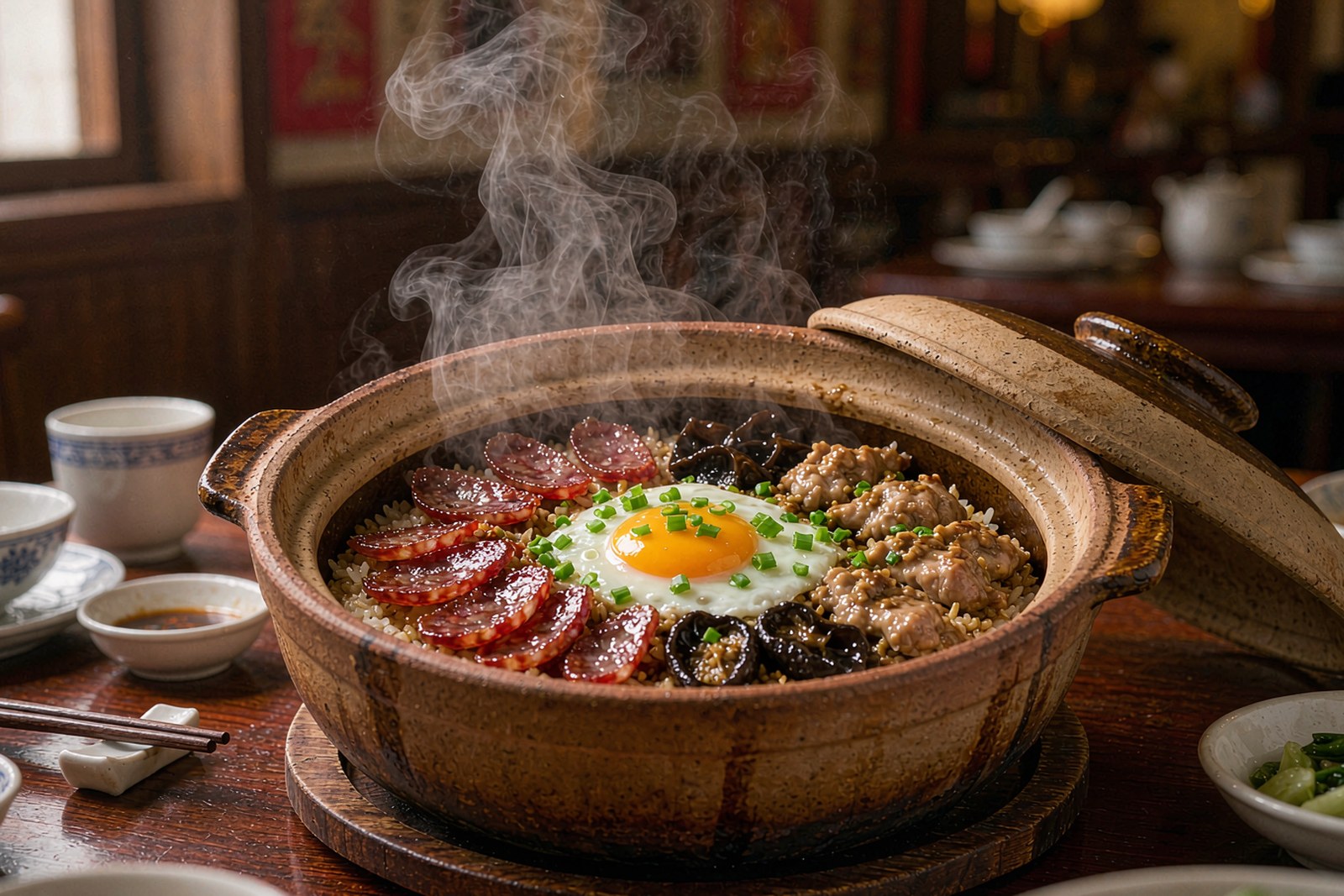 A sizzling claypot rice with sausage and chicken