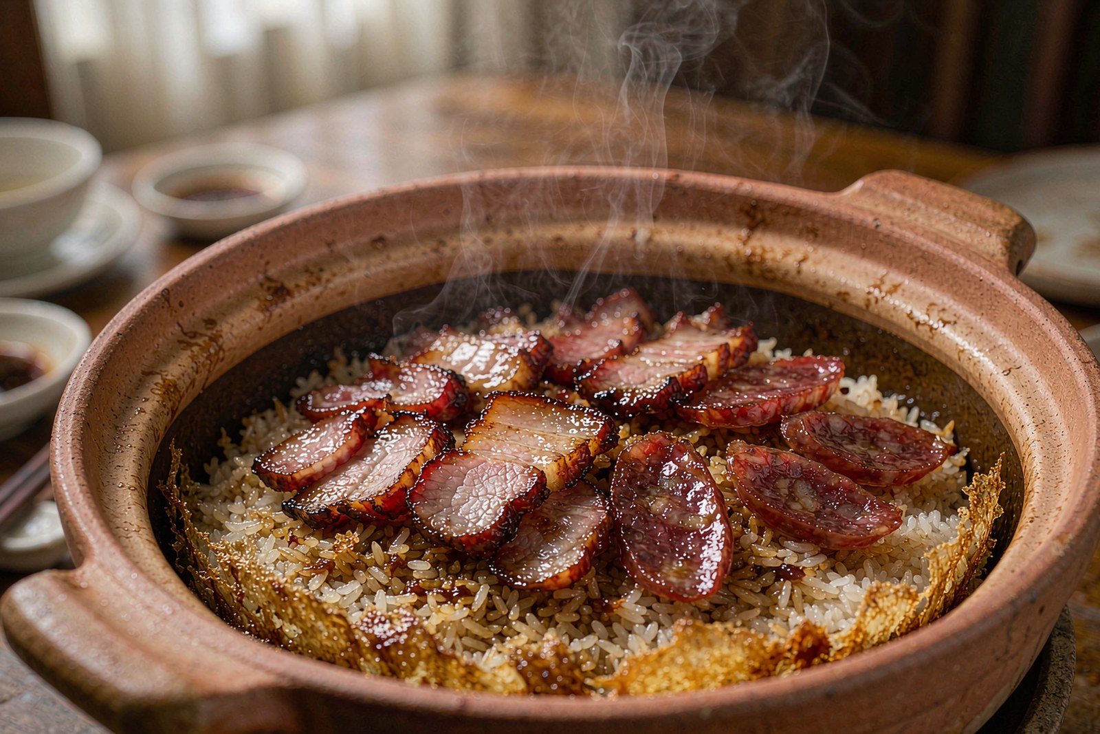Crispy golden rice crust at the bottom of a claypot