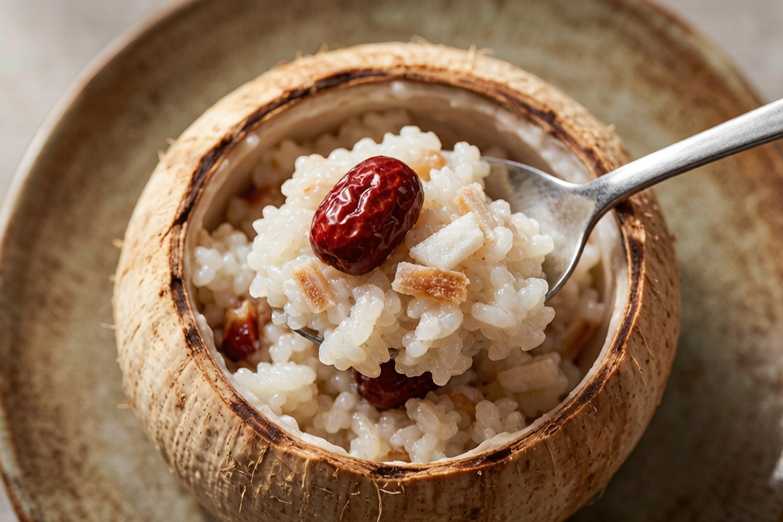 A whole young coconut filled with steamed glutinous rice, red dates and coconut shreds
