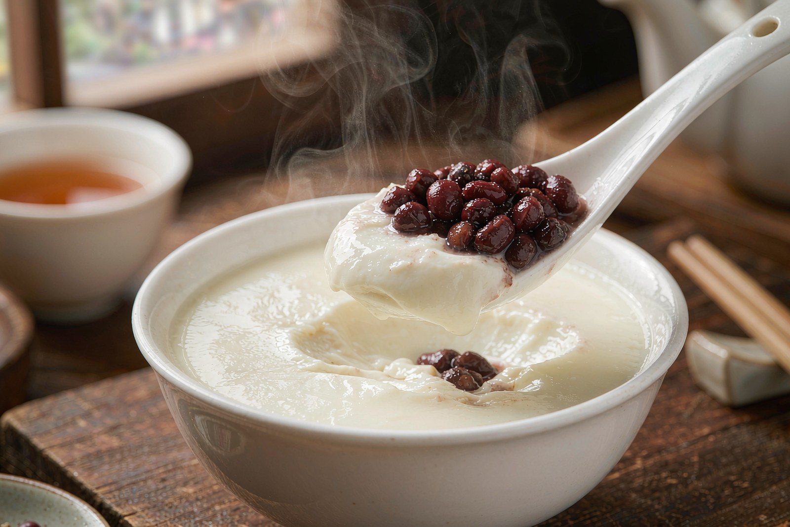 A bowl of double-skin milk pudding with red beans