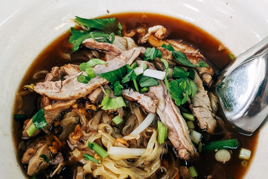 The full bowl, dark broth and vermicelli, garnished with scallion