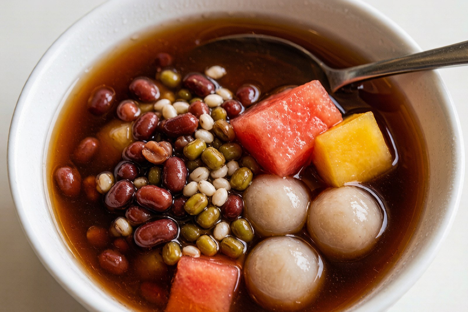 A bowl of cold dessert soup with dark syrup and many grains and fruits