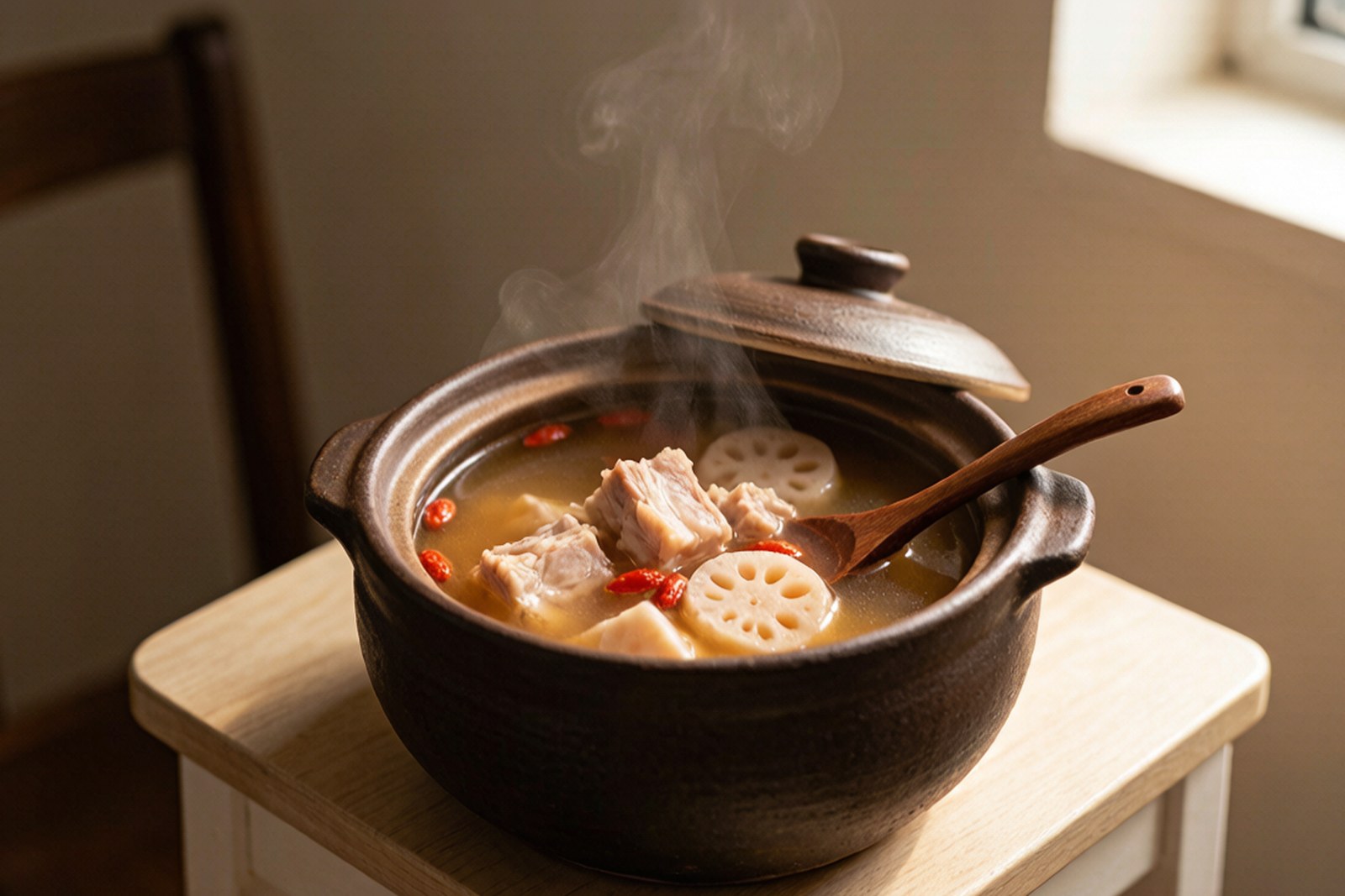 A dark clay pot of Cantonese slow-simmered soup, lid lifted to show clear golden broth