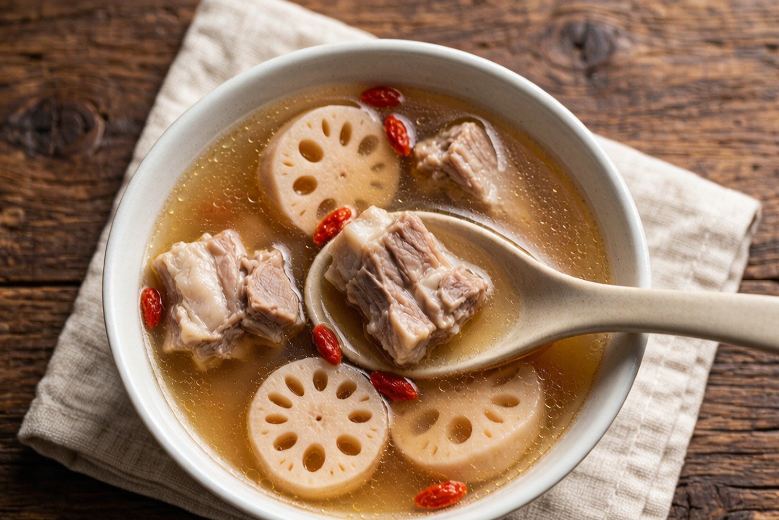 A bowl of clear golden Chinese soup with pork ribs, lotus root and goji berries
