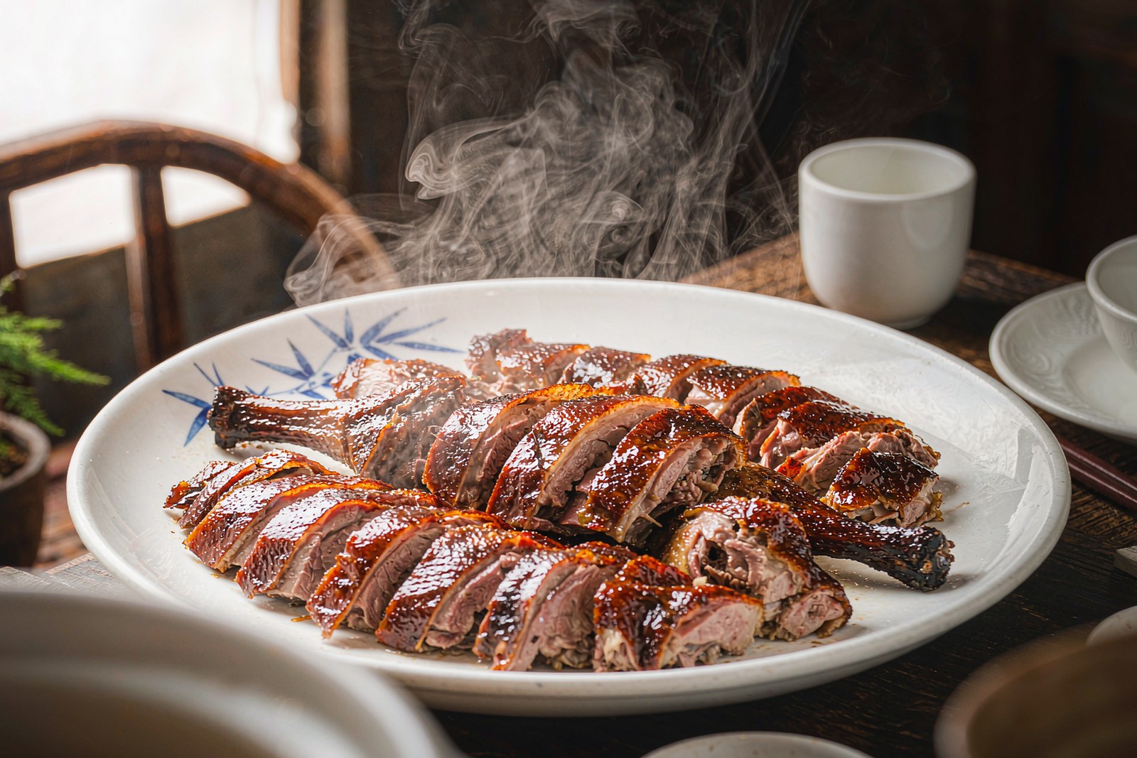 Sliced roast goose with crisp skin and pink meat