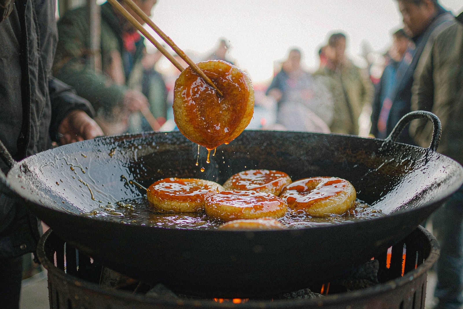 Sugar-oil rice cakes lifted from the wok on a pair of long chopsticks