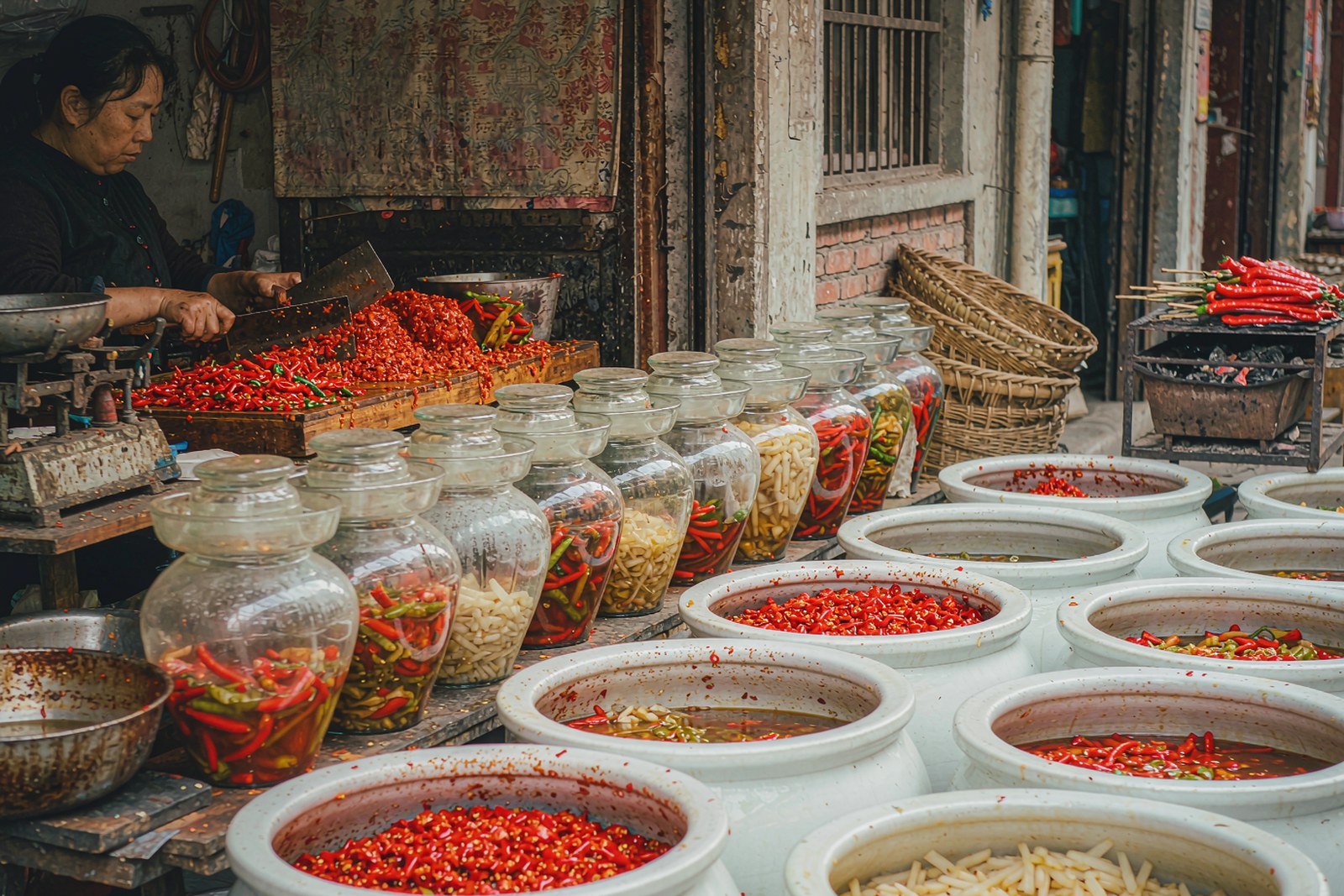 Jars and vats of hand-chopped chili and pickled vegetables at a condiment stall