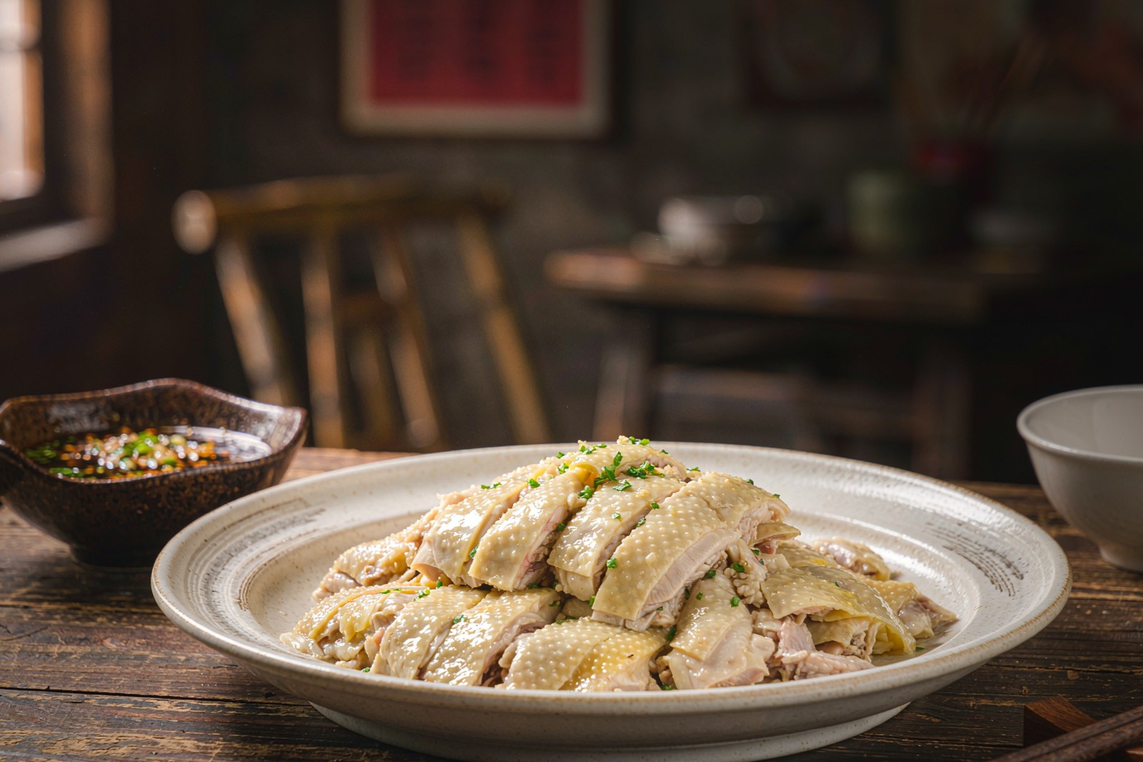 Sliced white-cut chicken with scallion and ginger dip