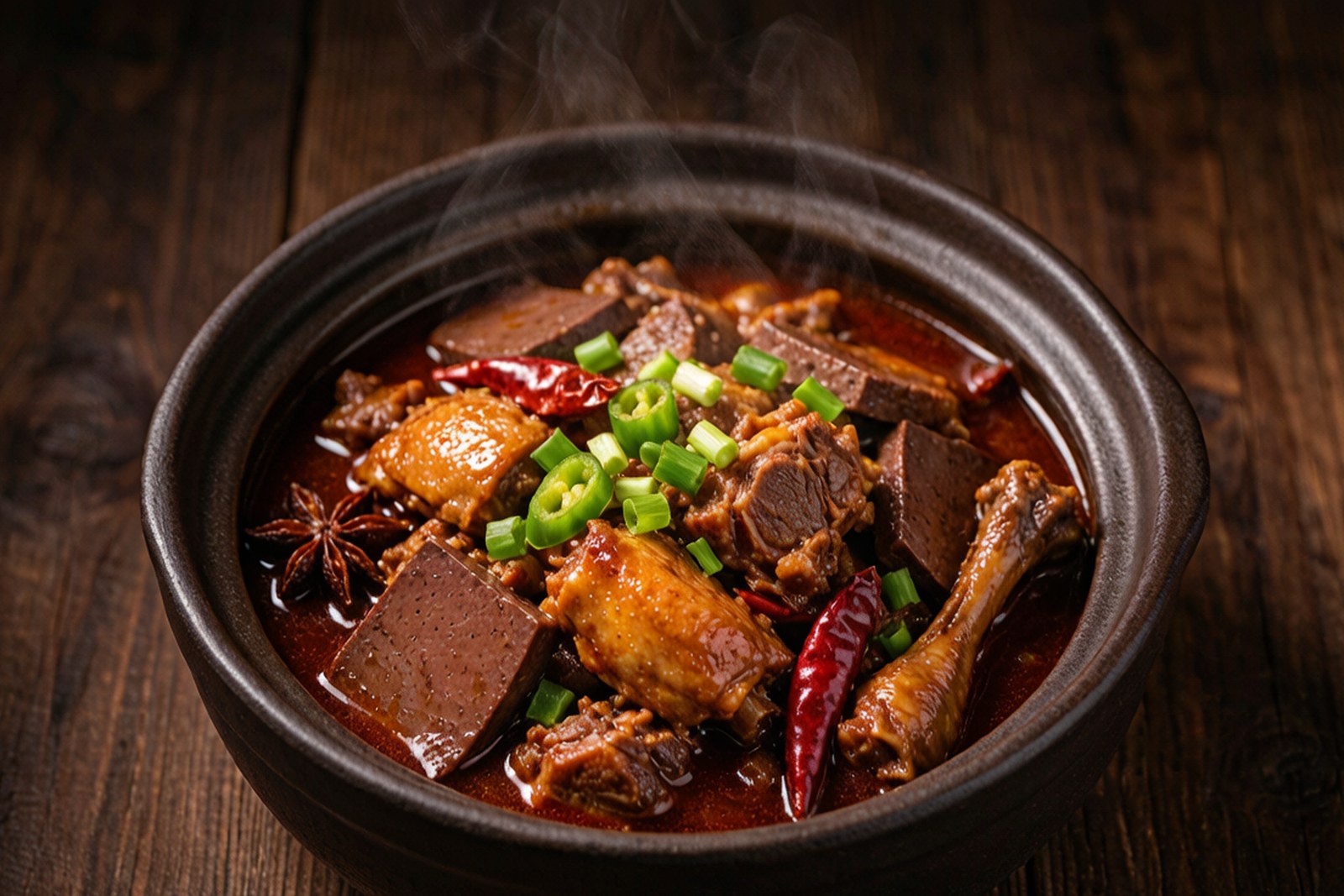 A dark clay bowl of Xiangxi braised duck with blood cake in glossy red-brown sauce