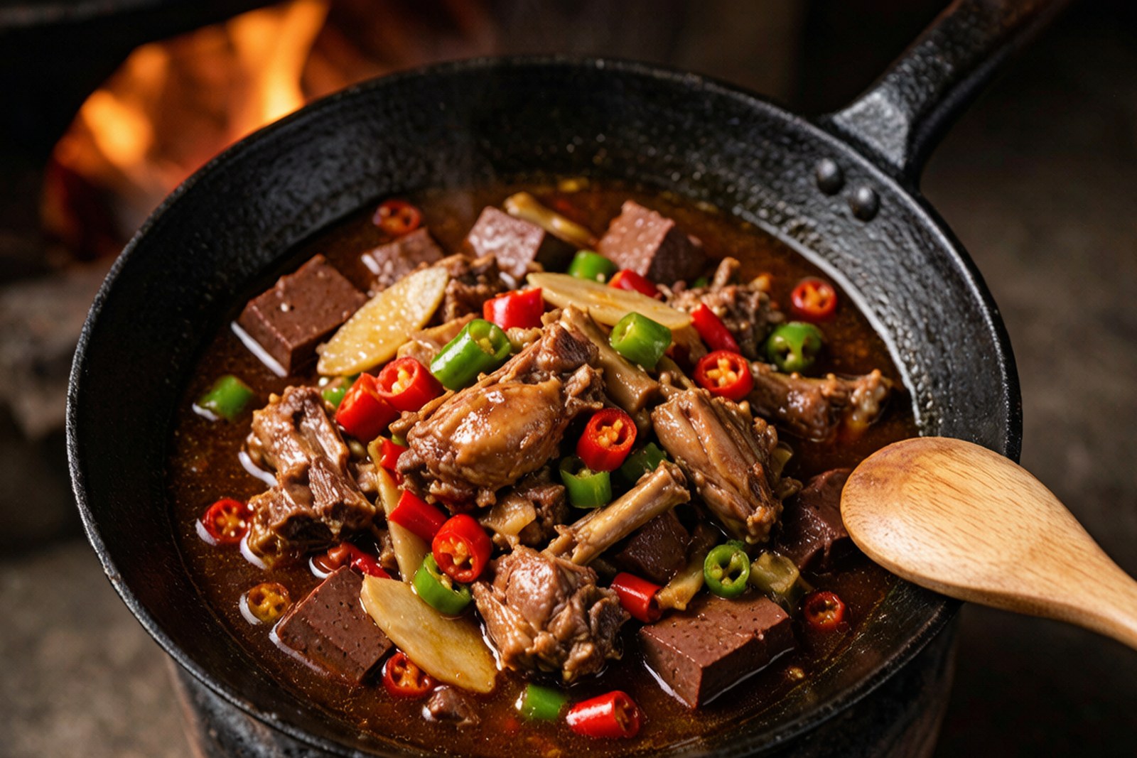 Xiangxi braised duck in an iron wok with blood cake, ginger and chilies
