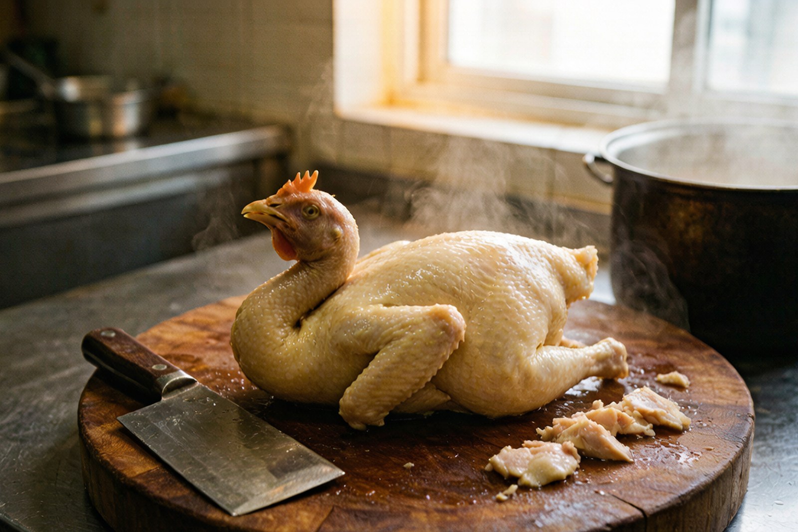 A whole poached Wenchang chicken on a chopping board, skin lacquered pale gold, hacked into pieces