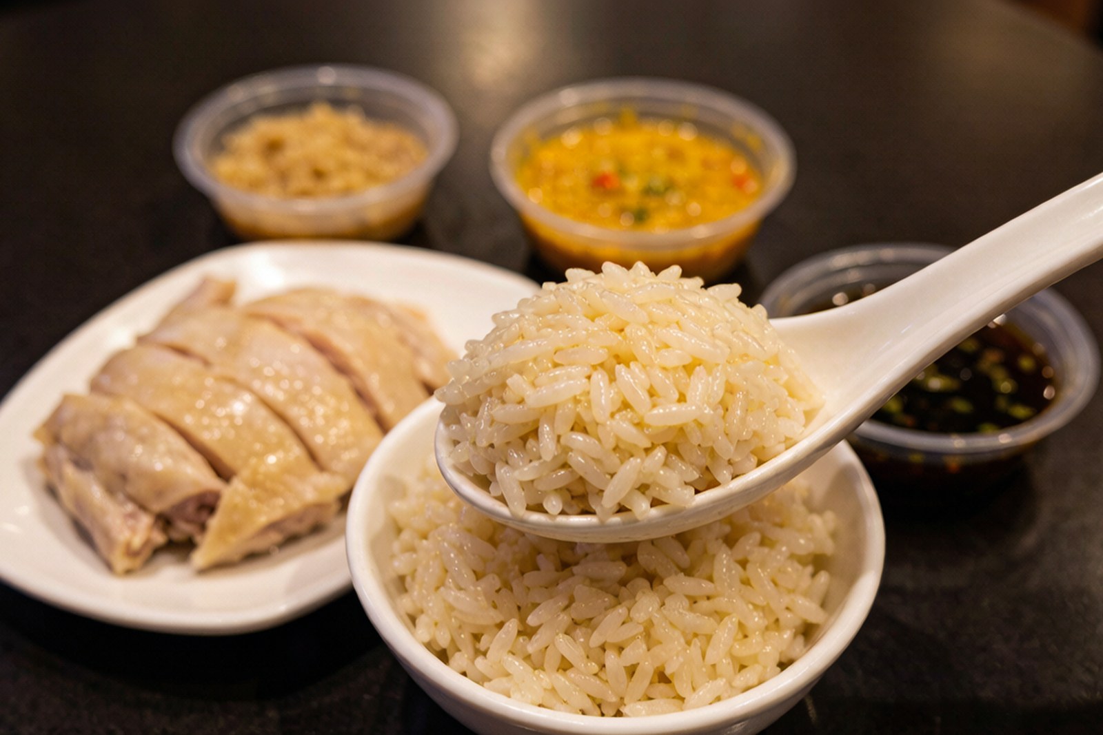 A shallow dish of ginger and calamansi dipping sauce beside a plate of pale cut chicken and a bowl of fat-glossed rice