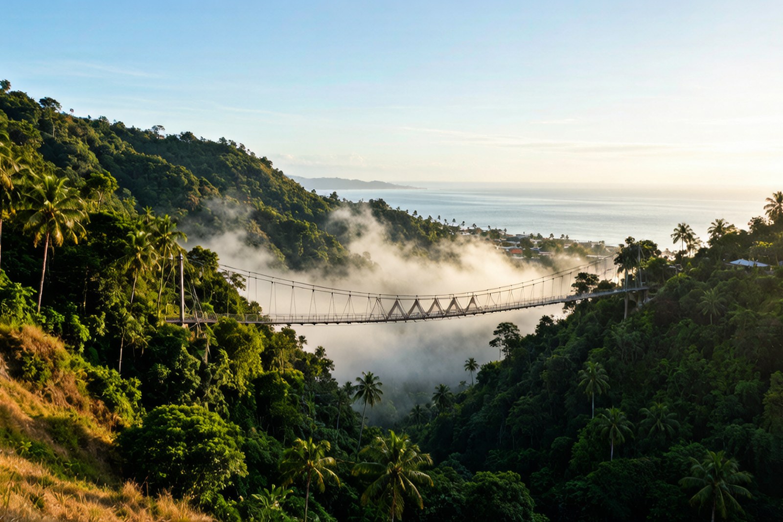 Timber villas stepping down a jungle hillside above a bay