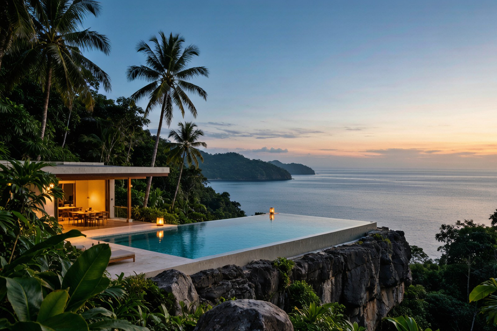 A lit infinity pool on a cliff edge overlooking a night bay