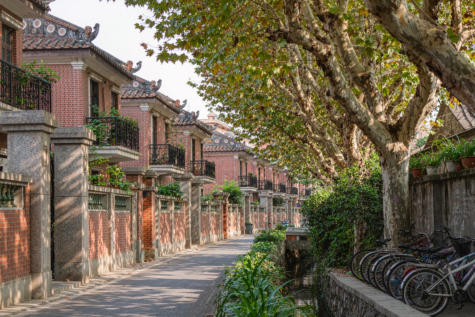 A narrow lane of red-brick villas with trees and a canal beside them