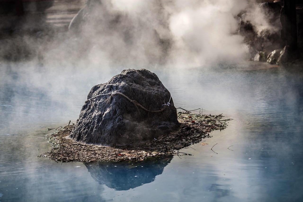 A steaming outdoor pool in the late light