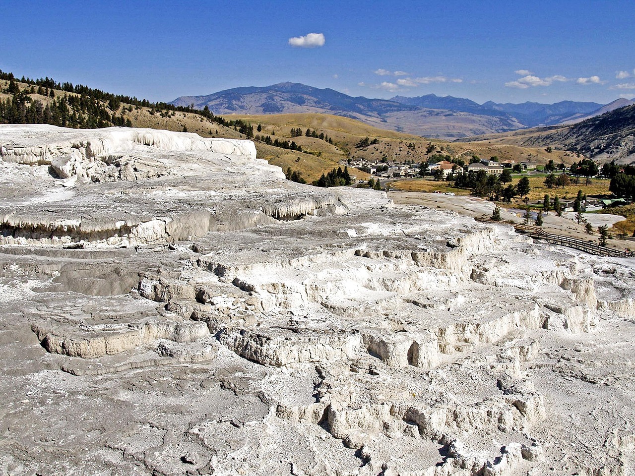Stone-lined thermal pools steaming in the morning