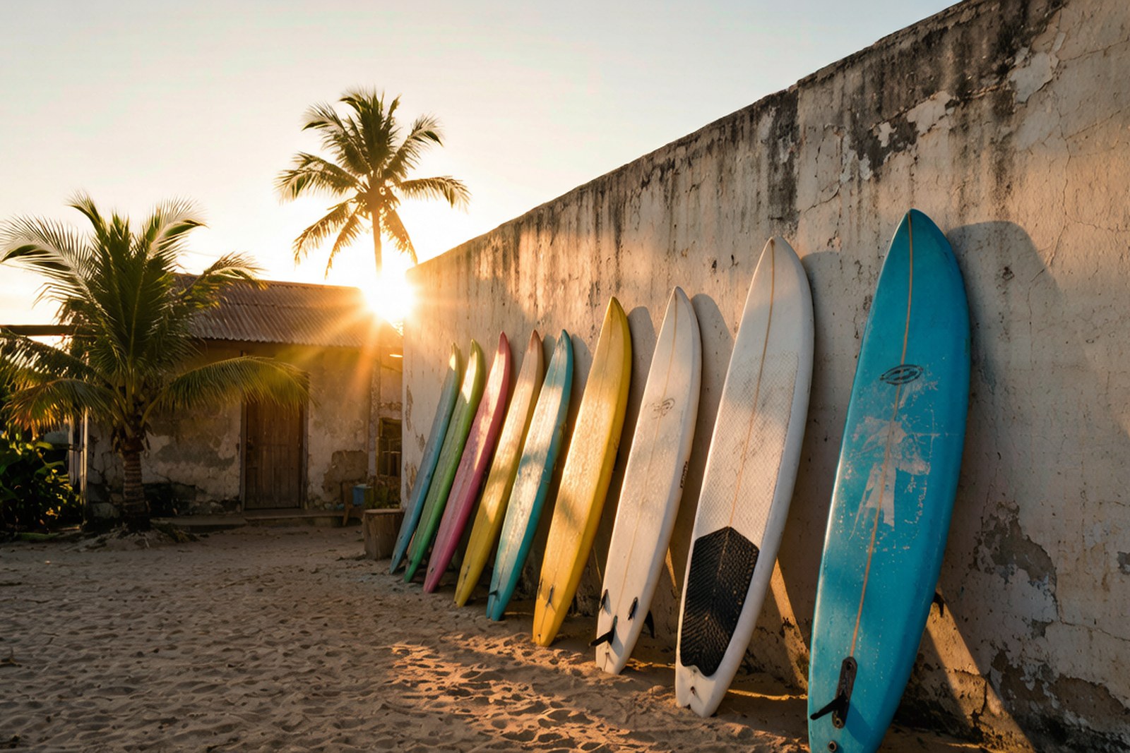 Surfboards stacked against a village wall at sunset