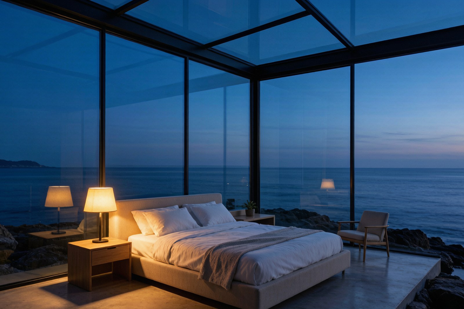 A terrace with a deep tub facing the sea at dusk