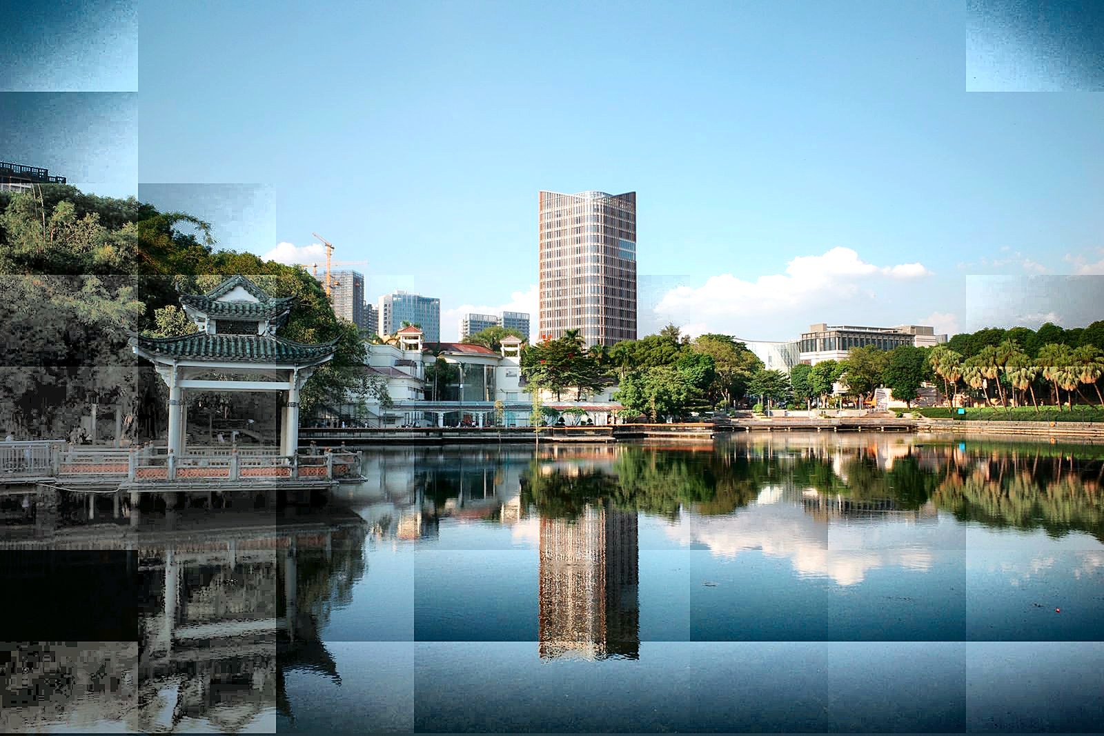 Historic pagoda and cityscape of Foshan near the Lingnan Tiandi quarter