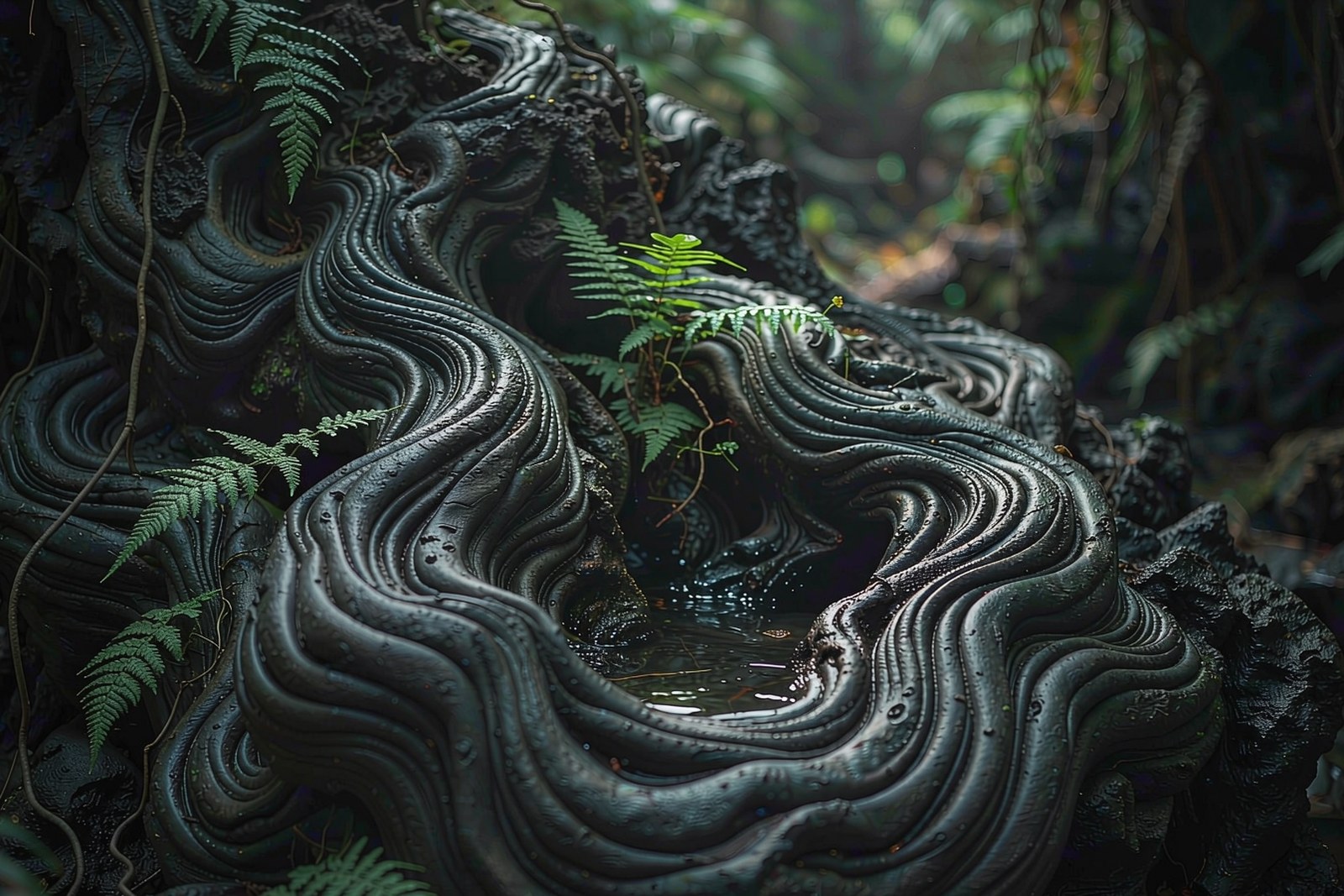 Black twisted basalt lava rock with tropical plants growing out of the cracks