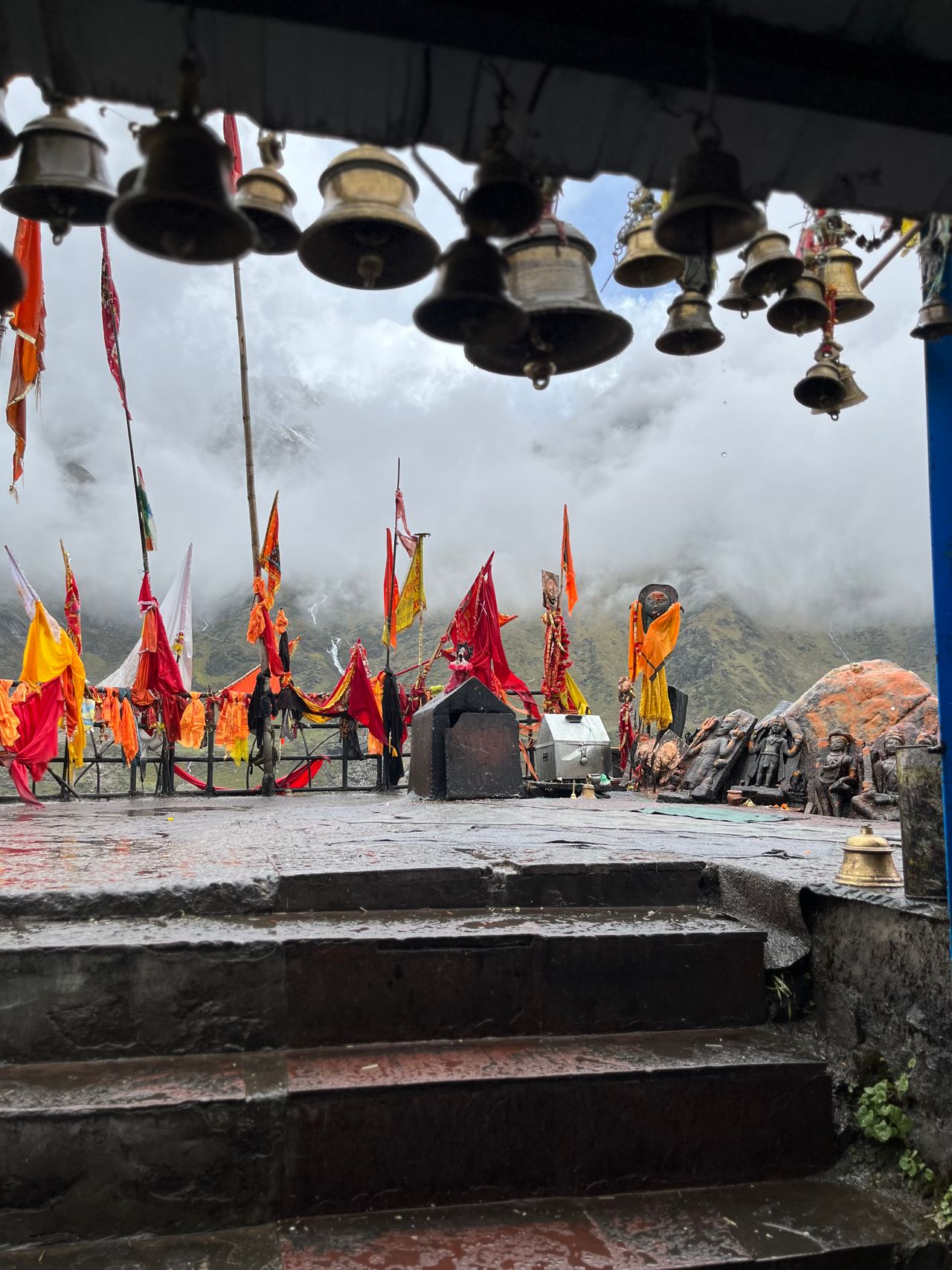 A mountain temple above the clouds in the first light