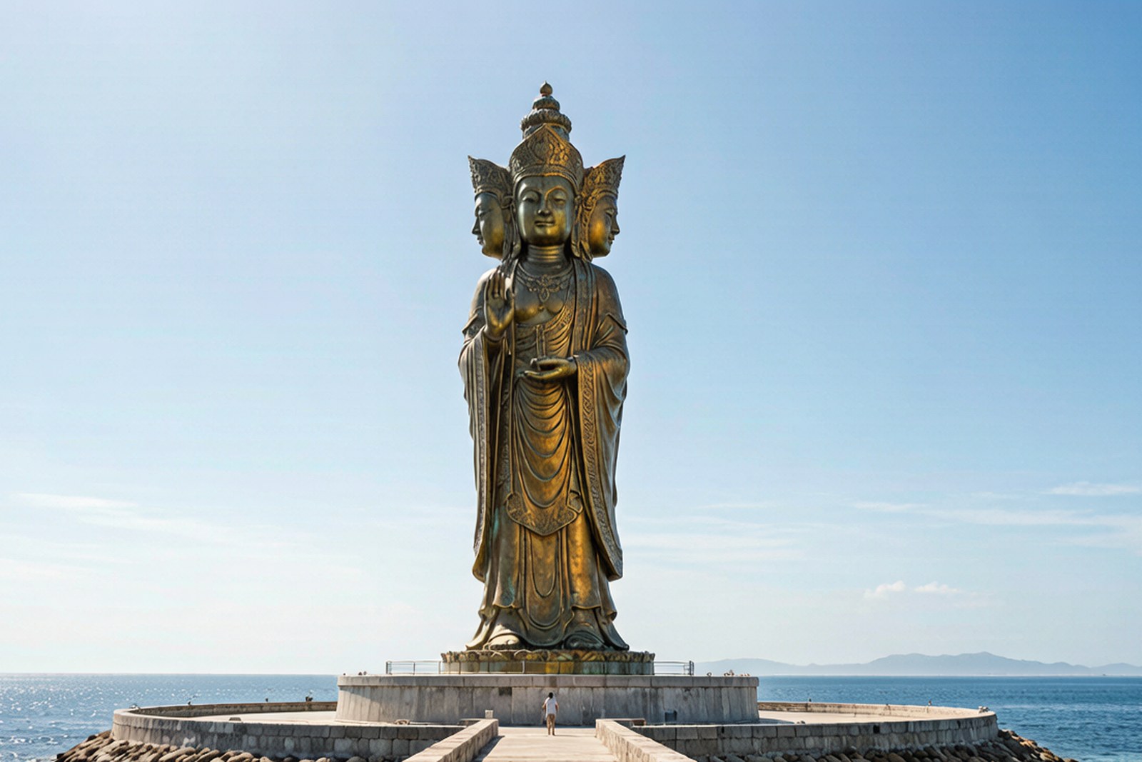 A giant golden multi-faced statue standing on an island in the sea