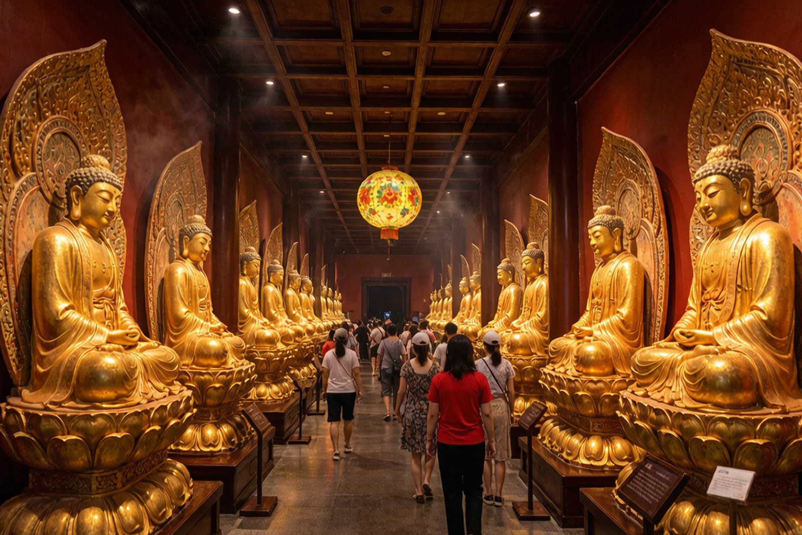 A long hall of many gilded figures, visitors walking between them
