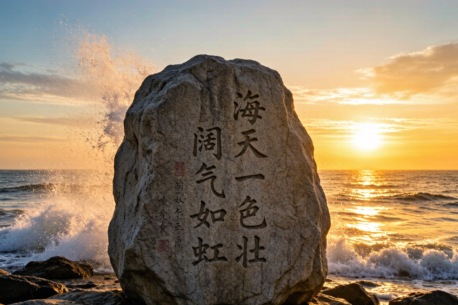 A carved boulder on the shoreline at sunset with the sea beyond