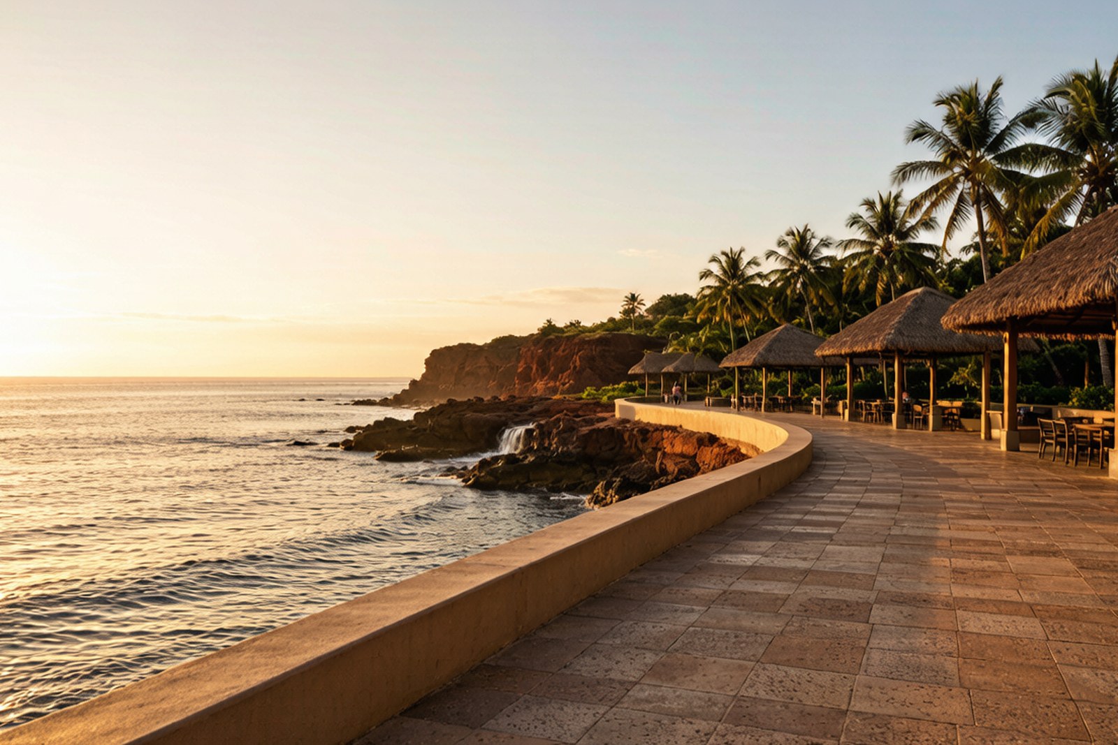 A long seaside promenade along a rocky tropical coast in the late afternoon
