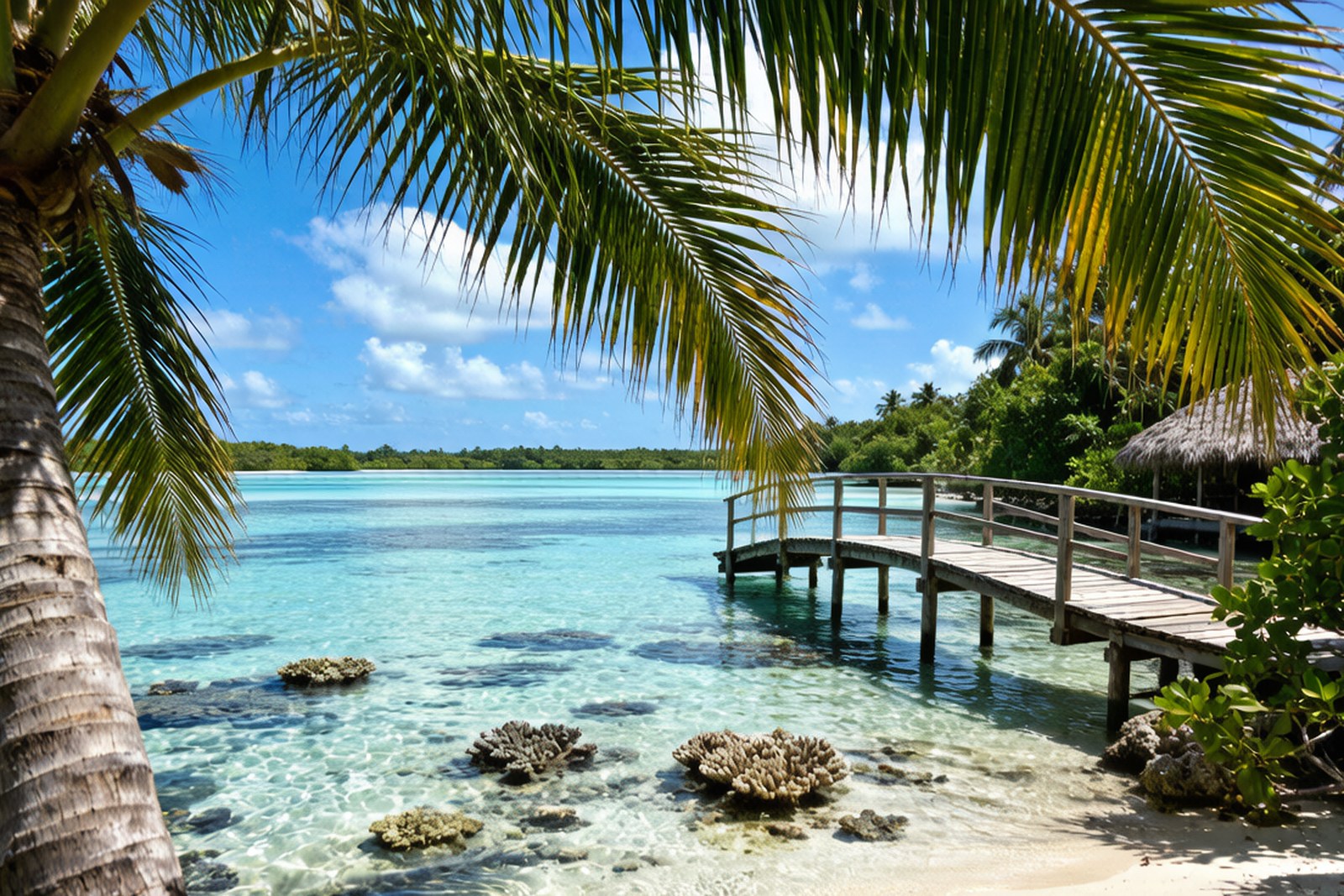 A white sand beach and turquoise shallows from a cliff viewpoint